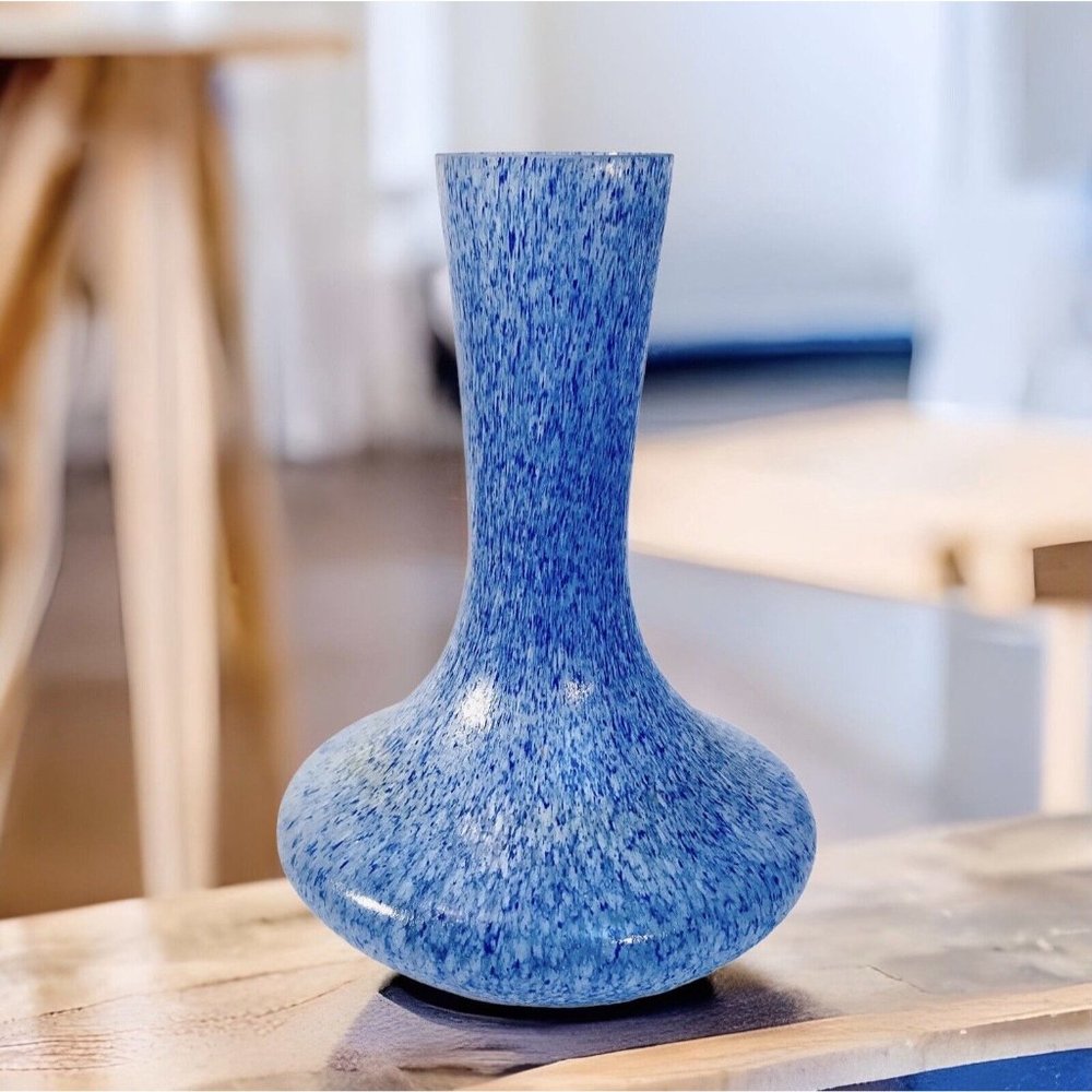 MCM Blue White Splatter Texture Tapered Art Glass Vase 9.5” Vintage